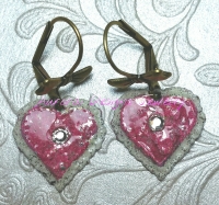 Iced Enamel and Ice Resin small heart earrings with a crystal accent, and bow lever backs ear wires.